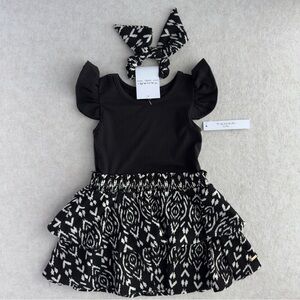 Tahari Toddler Girls Dress Size 4 Black White Tiered Party Dress w Scrunchie NWT
